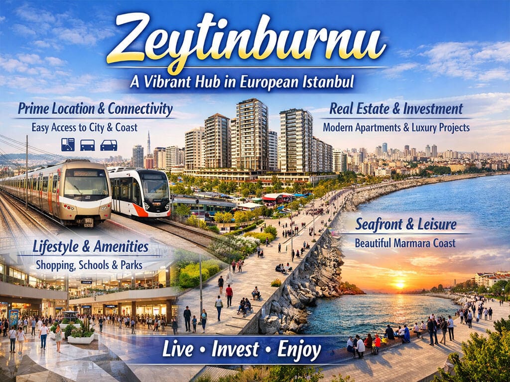 Urban coastal scene in Zeytinburnu with high-rise apartments, busy waterfront walkway, metro and tram lines, and people enjoying sunset views by the sea.