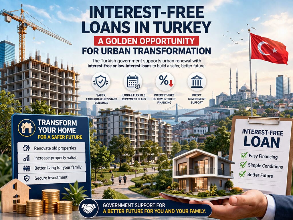 Real estate investment concept with new apartments, construction site, and city skyline in Turkey