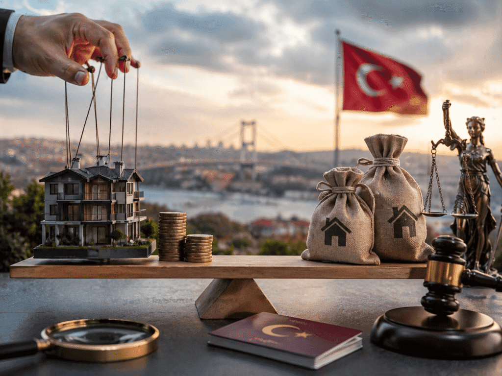 Warning concept of property overvaluation in Turkey illustrating legal risks of citizenship fraud with house cash and law symbols