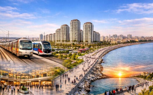 Panoramic view of Zeytinburnu Istanbul featuring modern residential towers, coastal promenade, public transport trains, and a vibrant seaside sunset along the Marmara Sea.
