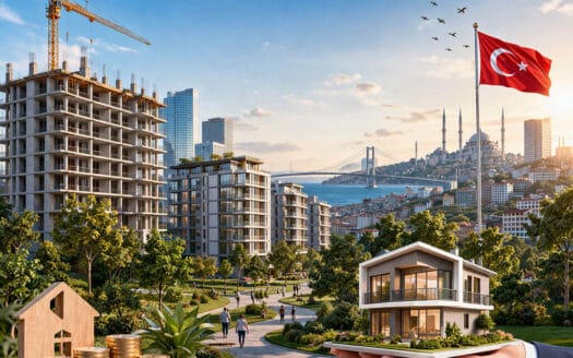Modern residential buildings and urban development in Istanbul with construction and green landscape