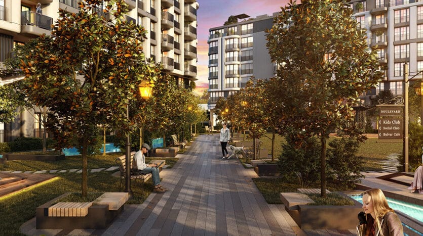 Family-friendly housing project with gardens and walking paths