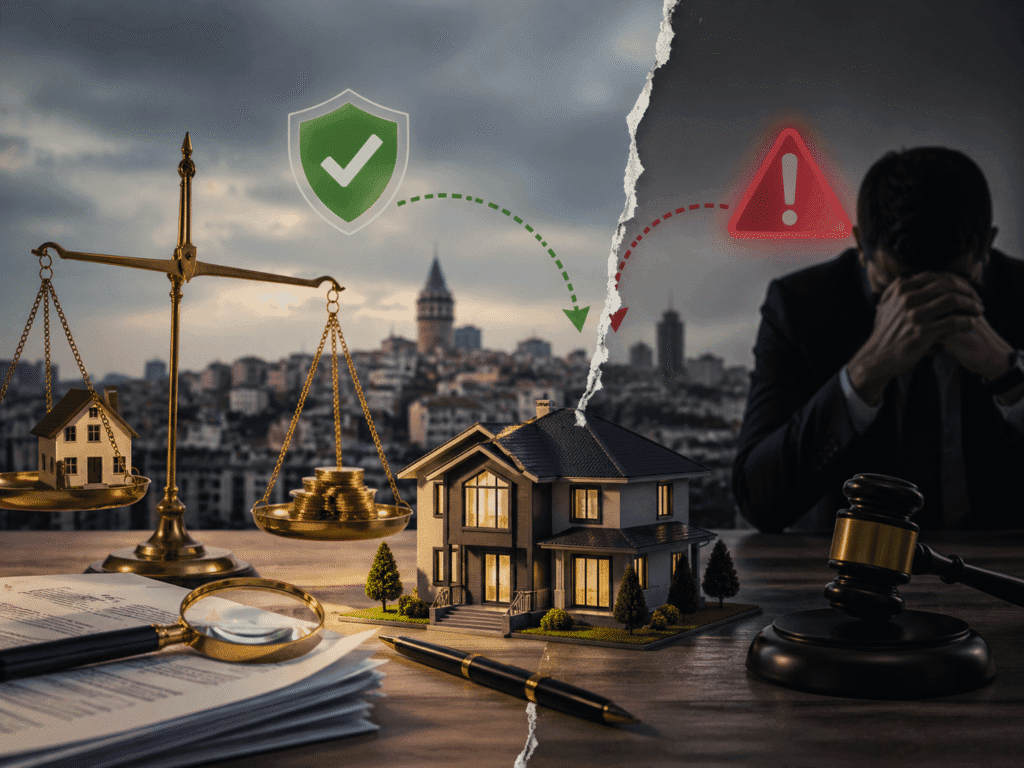 Real estate investment risk in Turkey showing property valuation manipulation and legal consequences with house model, money, and justice scale